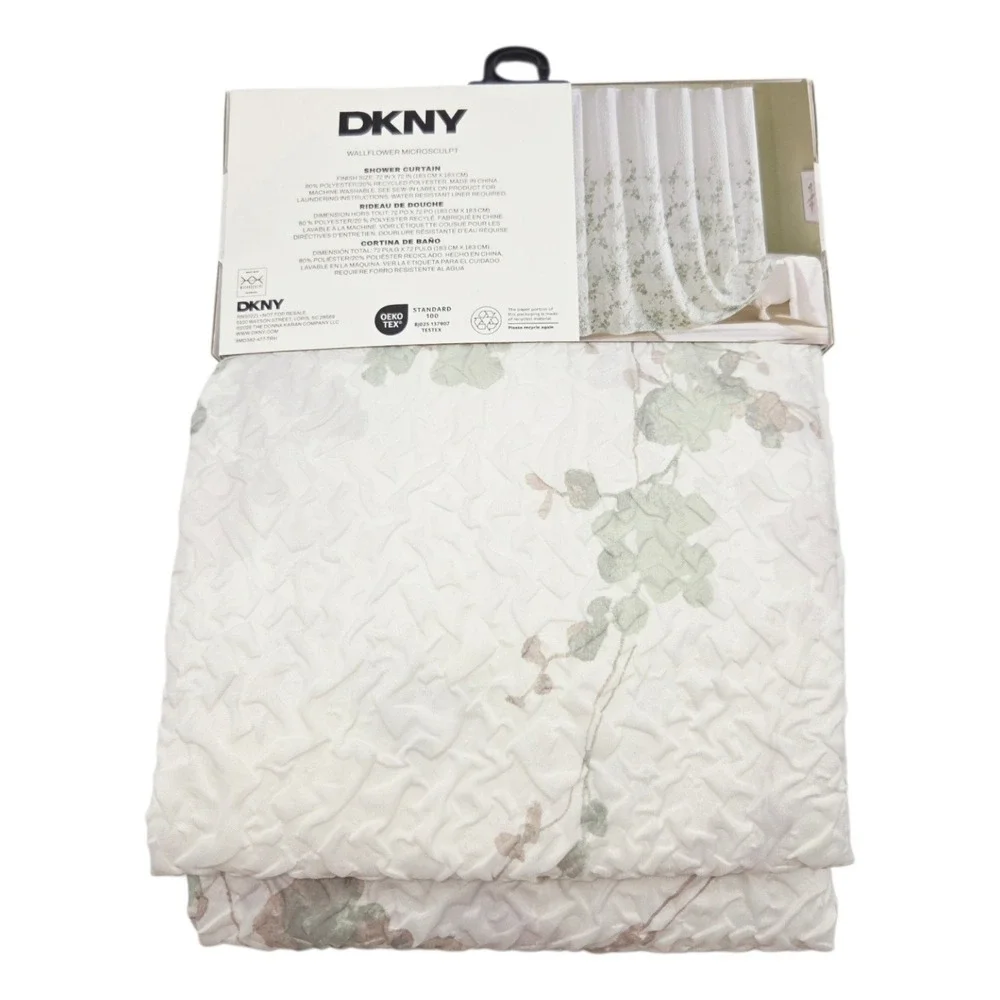 DKNY Wallflower Microsculpt Shower Curtain White Green Floral 72x72 NEW